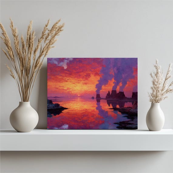 Colorful Sunset Lake Canvas Wall Art Impressionist Landscape Print Dramatic Sky Reflections Rock Formations Orange Purple Nature Decor