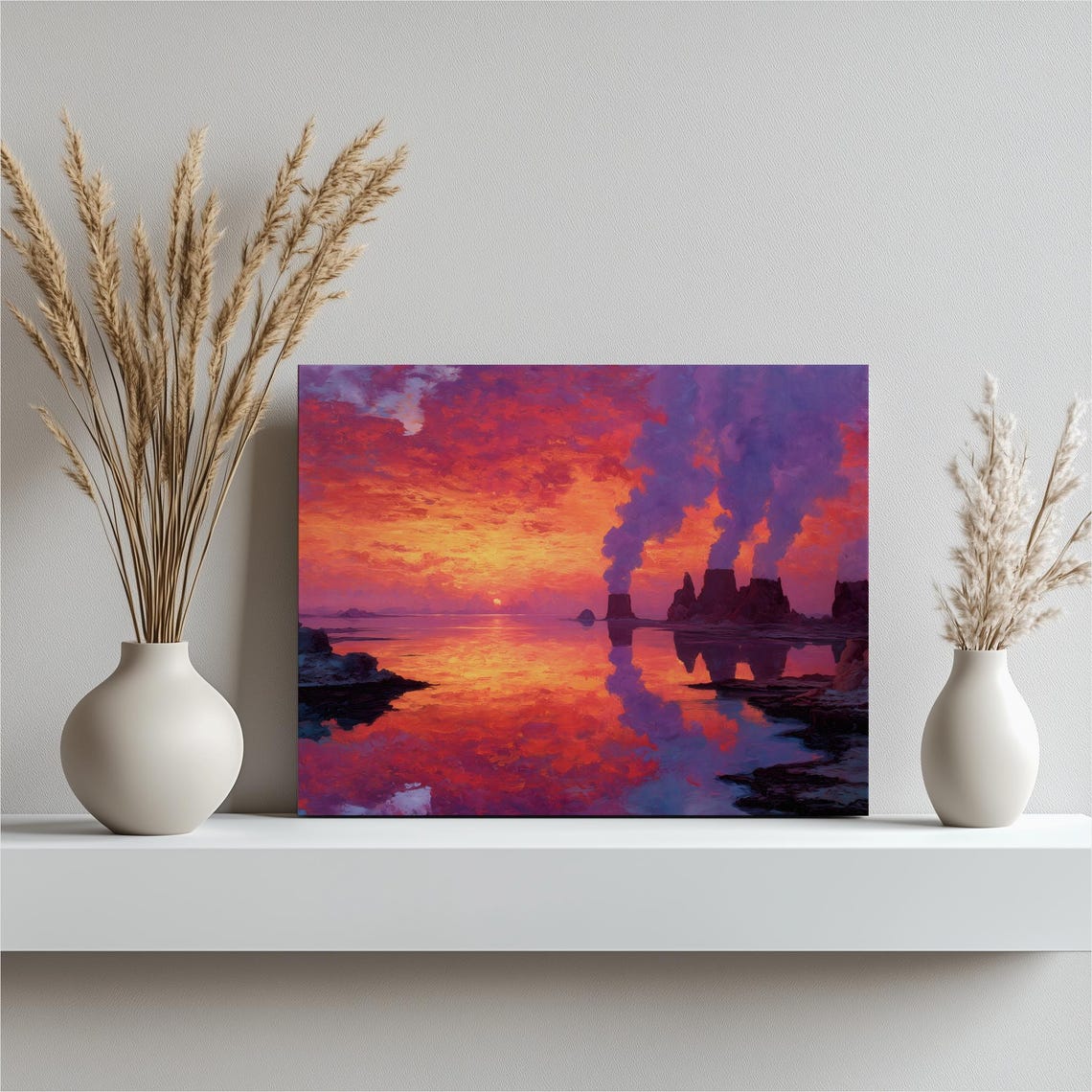 Colorful Fiery Sunset Lake Dramatic Sky Reflections Nature Poster