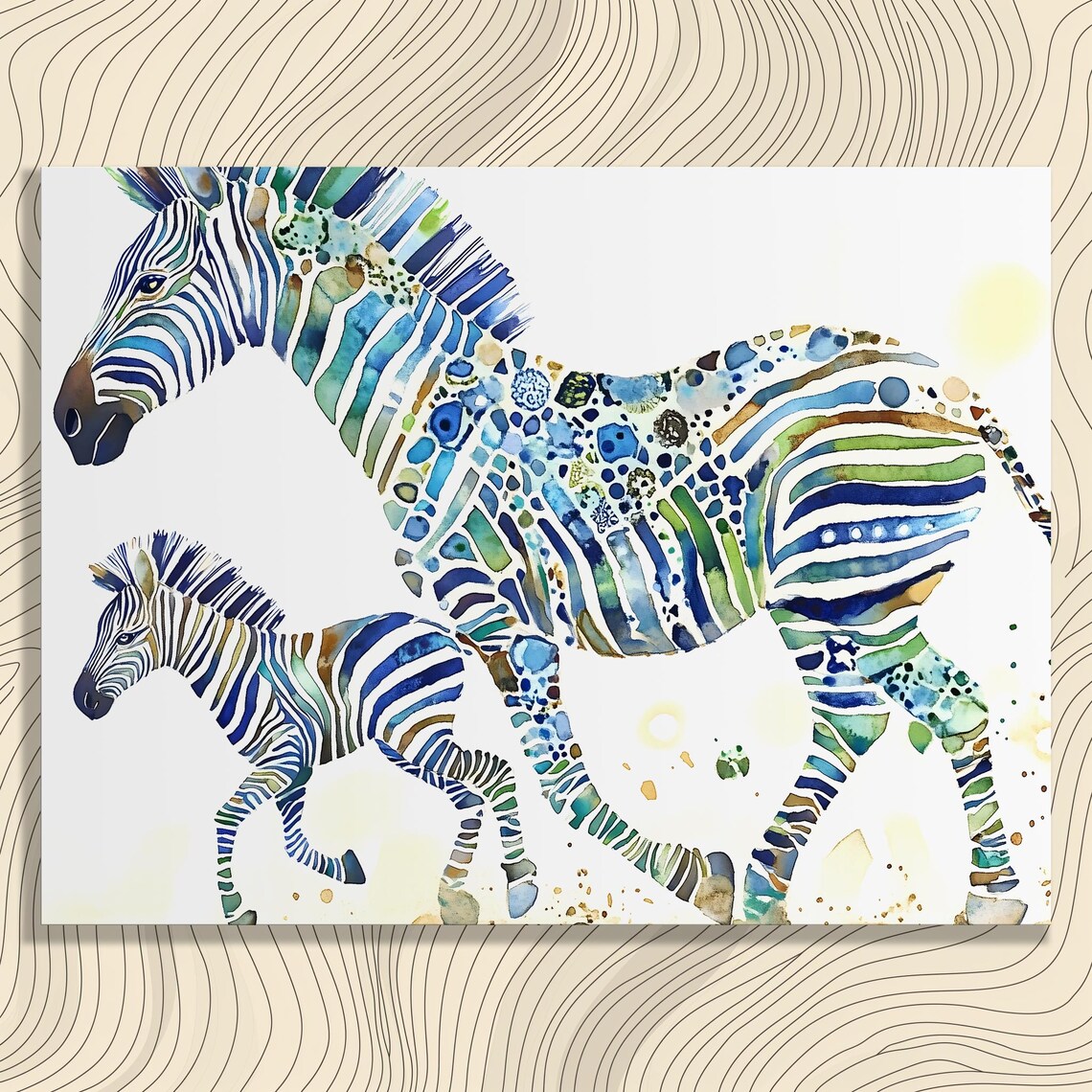 Mother Zebra and Foal Blue Watercolor Safari Animal Art Print
