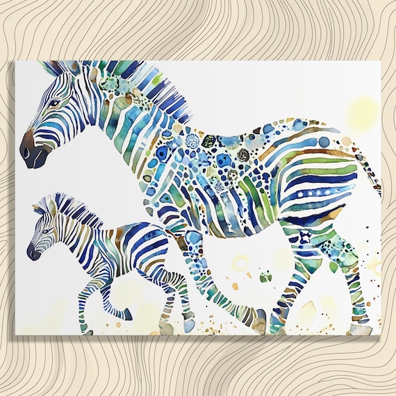 Mother Zebra and Foal Blue Watercolor Safari Animal Art Print