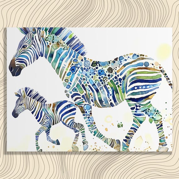 Zebra Mother And Foal Canvas Wall Art Watercolor Safari Nursery Decor Blue Green Wildlife Painting Running Zebras Modern Animal Print Gift