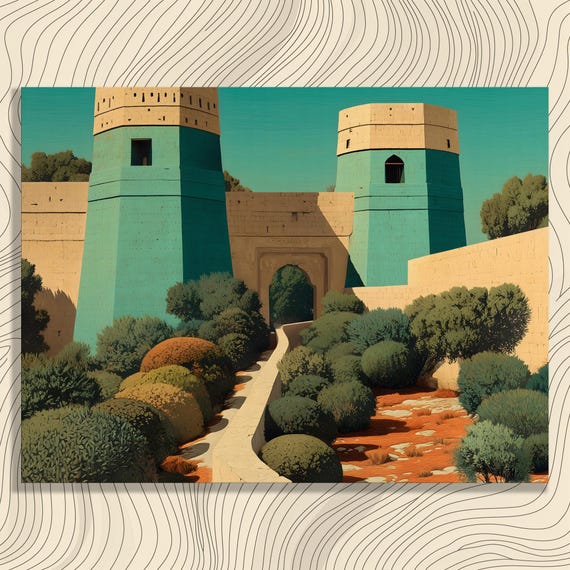 Fortress Towers Canvas Wall Art Modern Architectural Landscape Print With Lush Greenery Arched Entrance Stone Pathway Decor