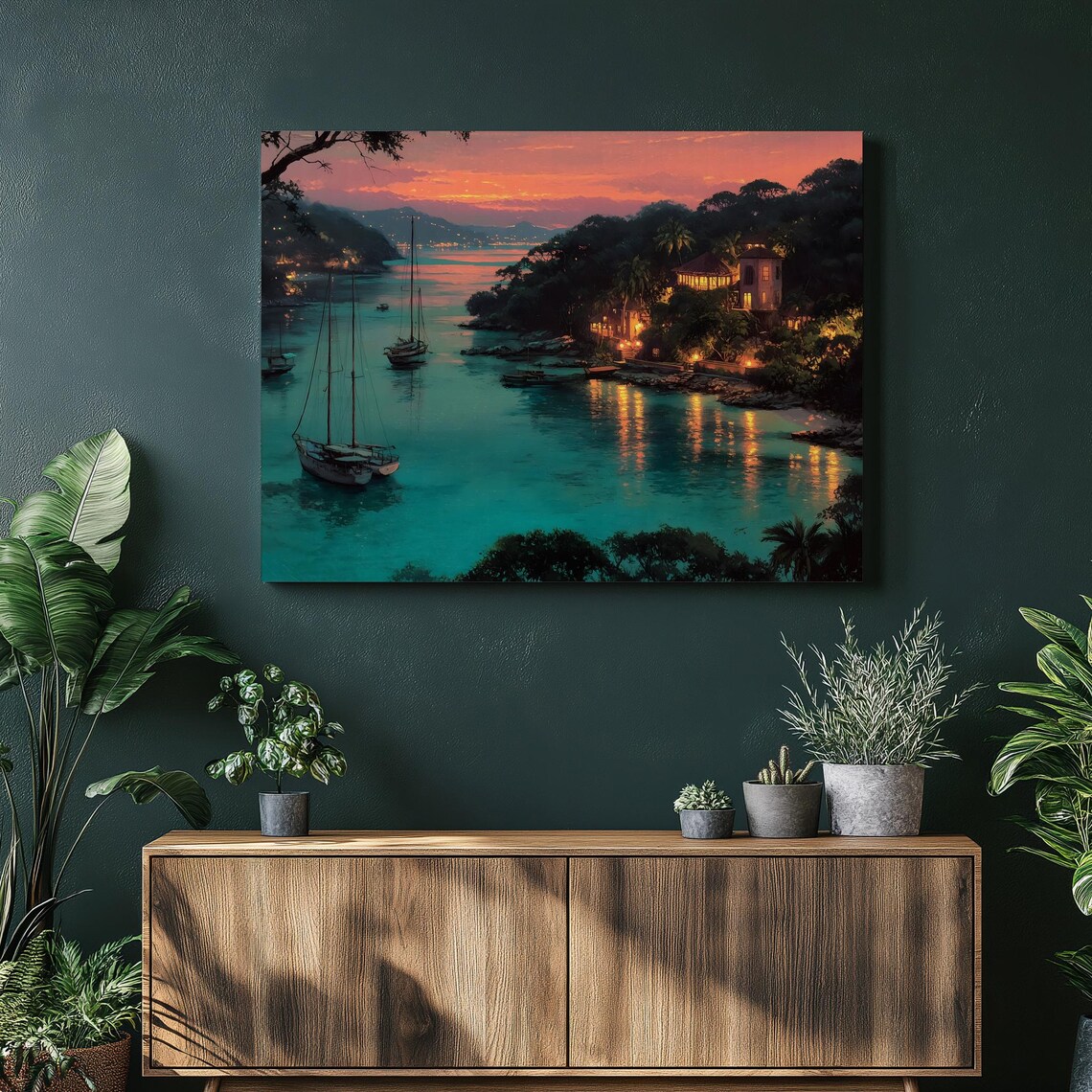 Tropical Sunset Cove Sailboats Anchored Palm Bay Seascape Poster
