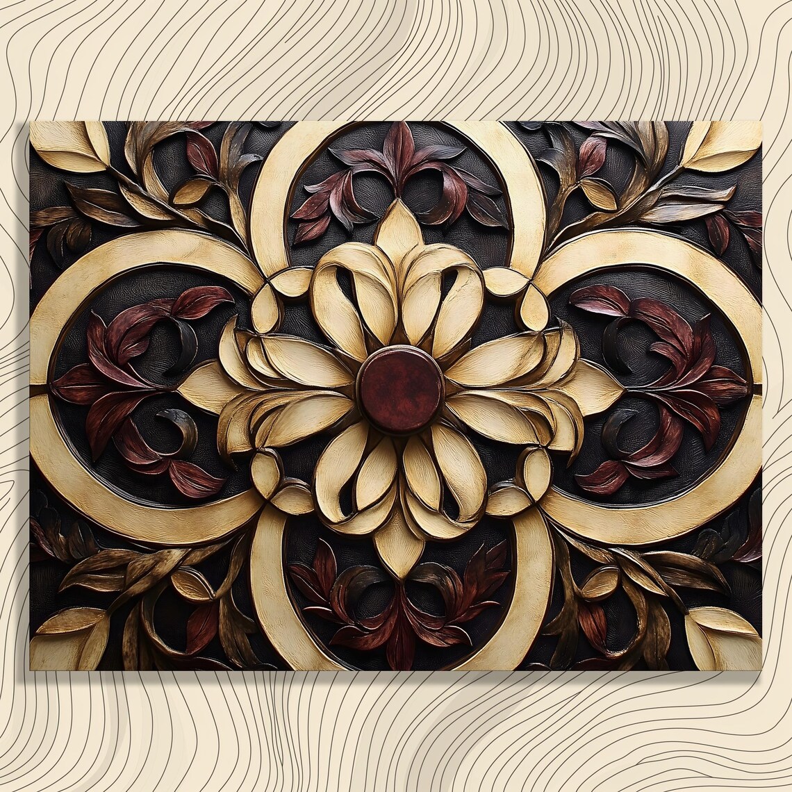 Golden Carved Floral Mandala Relief Dark Elegant Decor Poster
