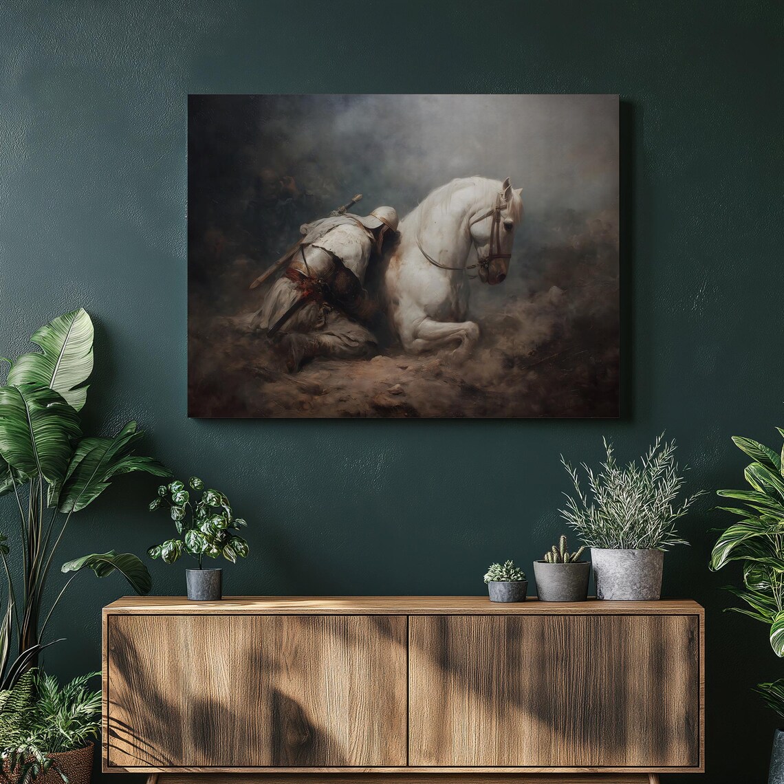 Fallen Knight and White Horse Misty Battlefield Painting Poster