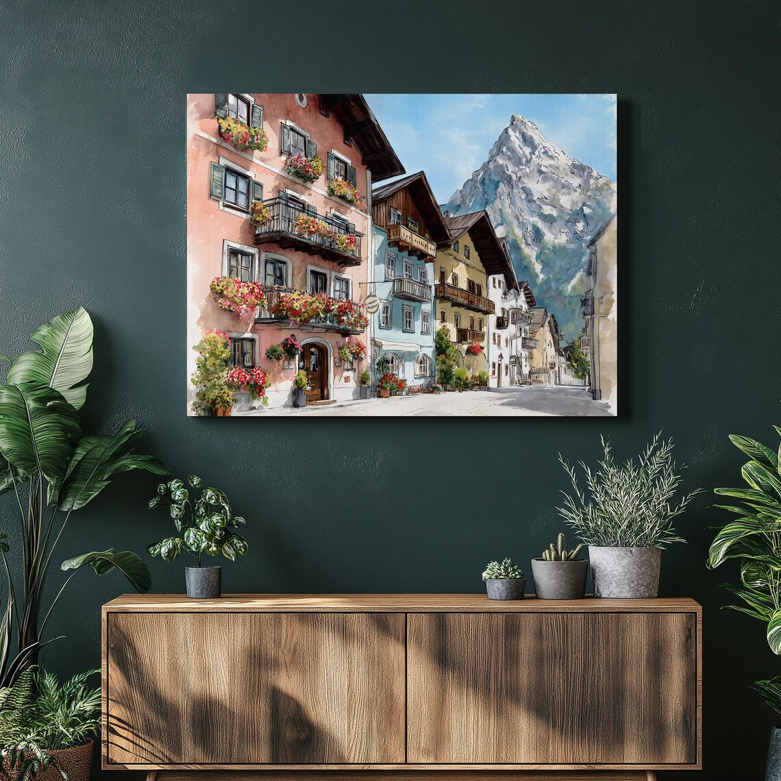 European Alps Village Colorful Chalets Mountain Watercolor Poster