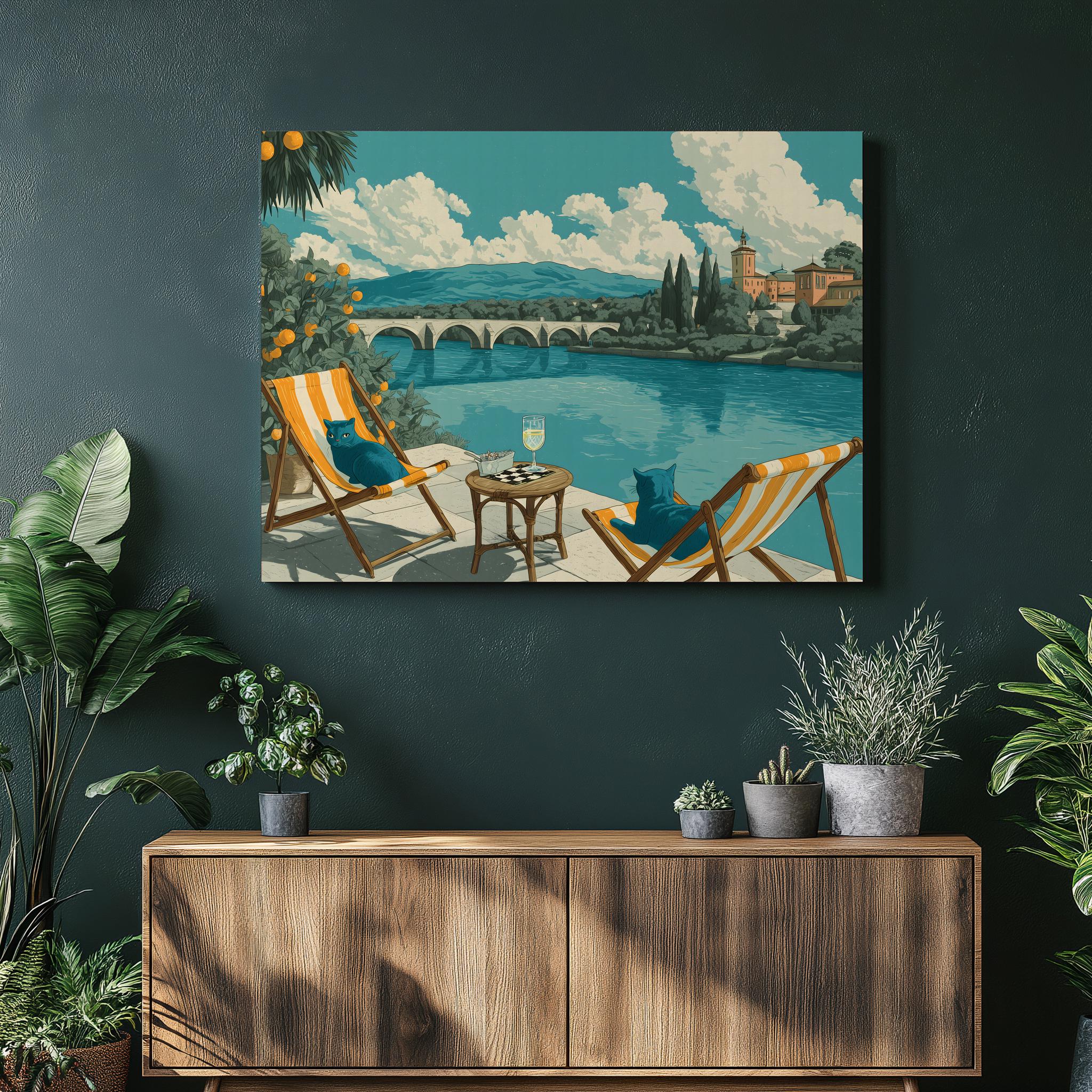 Blue Cats Lounging By Riverside Terrace Mediterranean Summer Poster