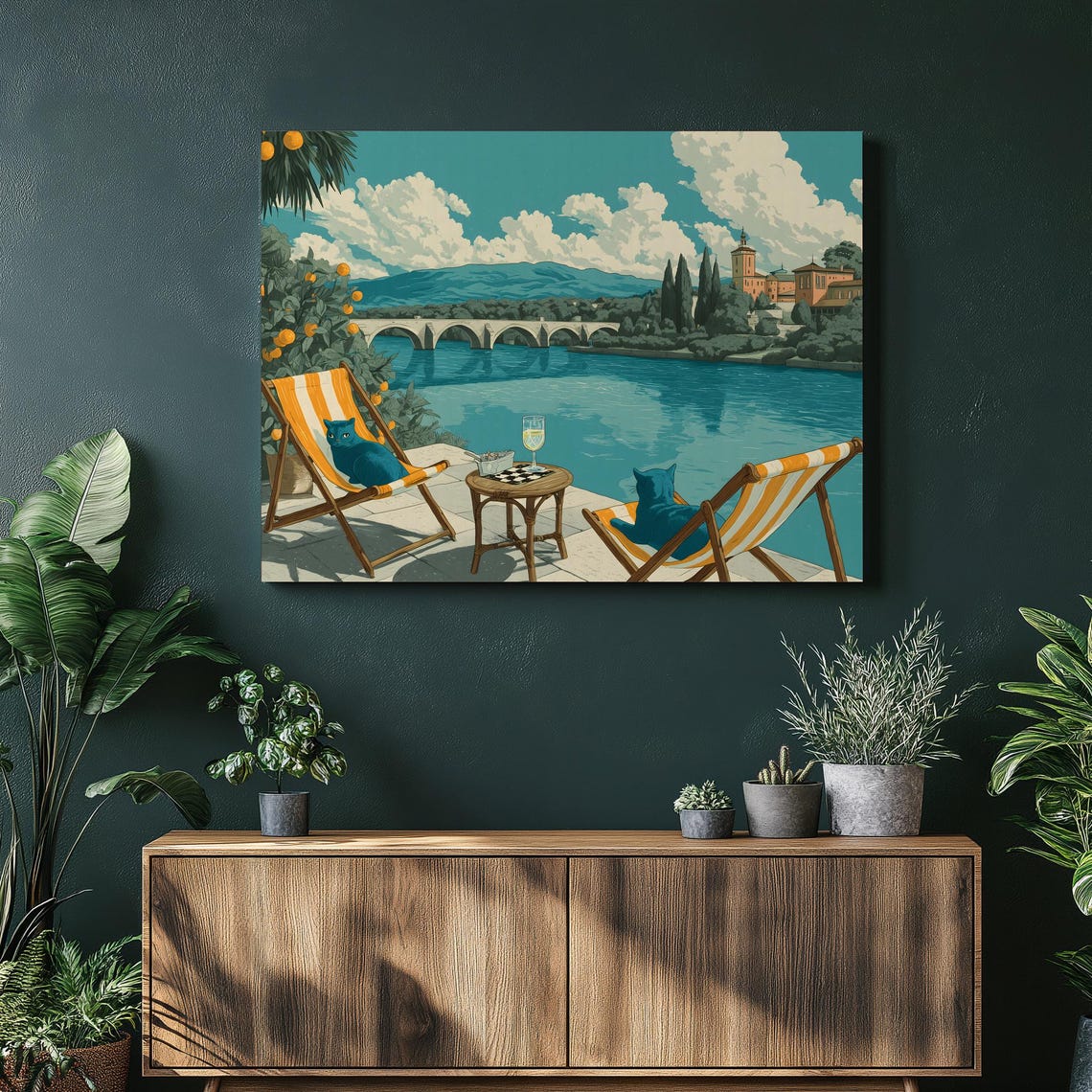 Blue Cats Lounging By Riverside Terrace Mediterranean Summer Poster