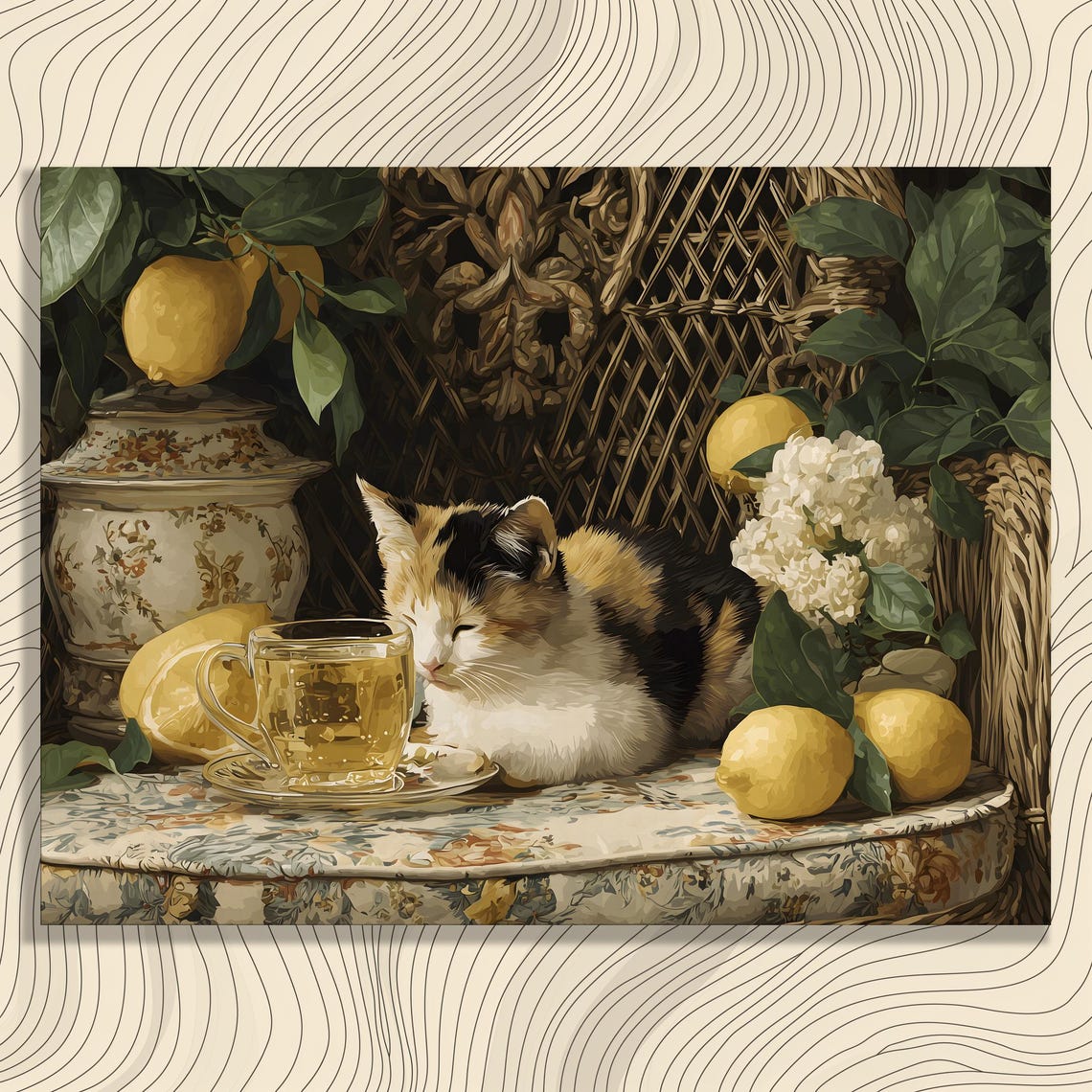 Calico Cat Lemons Cozy Kitten Tea Still Life Botanical Poster