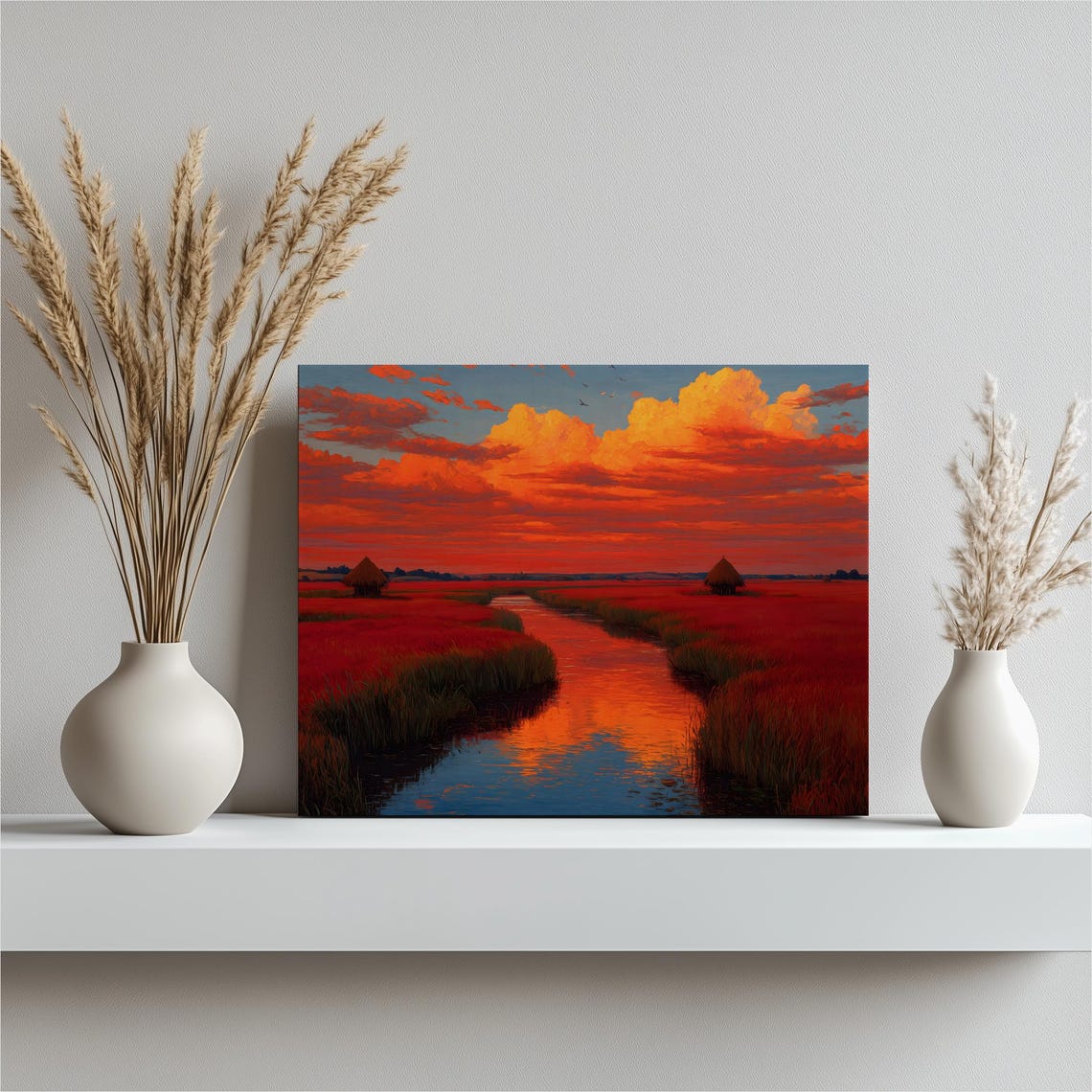 Colorful Sunset Marsh River Landscape Sky Reflection Painting Poster