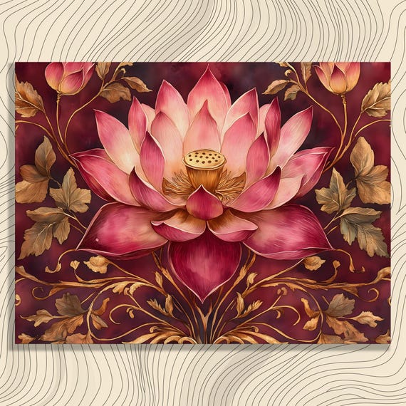 Flower Canvas Wall Art Botanical Print Gold Leaf Red Background Ready To Hang Elegant Vintage Baroque Style Classic Painting