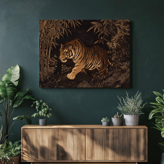 Tiger Jungle Canvas Wall Art Woodcut Style Wildlife Print Bamboo Illustration Tropical Nature Decor Big Cat Painting