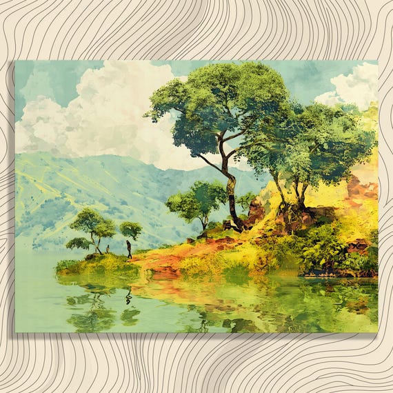 Serene Lake Trees Canvas Wall Art Colorful Landscape Painting Print Decor Gift For Nature Lovers Enthusiasts Home