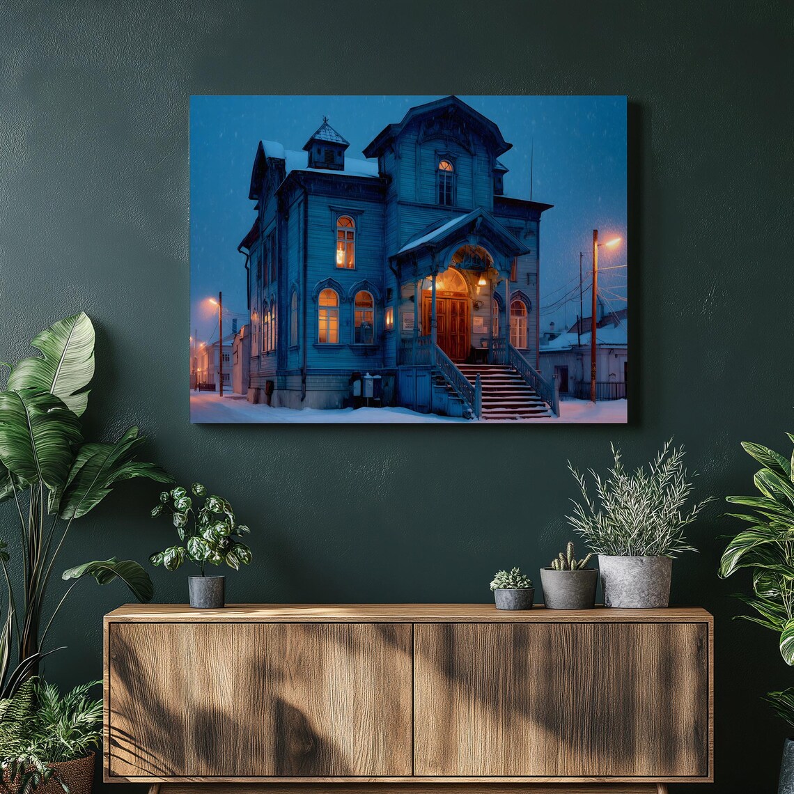 Snowy Victorian Blue House Glowing Winter Night Scene Poster