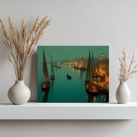 Nautical Harbor Sailboats Canvas Wall Art Lantern Lit Night Seascape Coastal Print Maritime Painting City Skyline Decor Gift