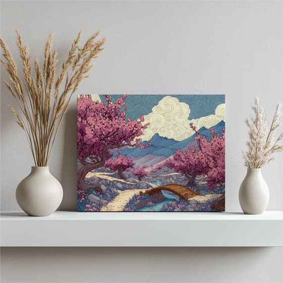 Cherry Blossom Landscape Canvas Wall Art Pink Flowering Trees Wood Footbridge Mountain View Nature Print Painting Gift Decor Boho
