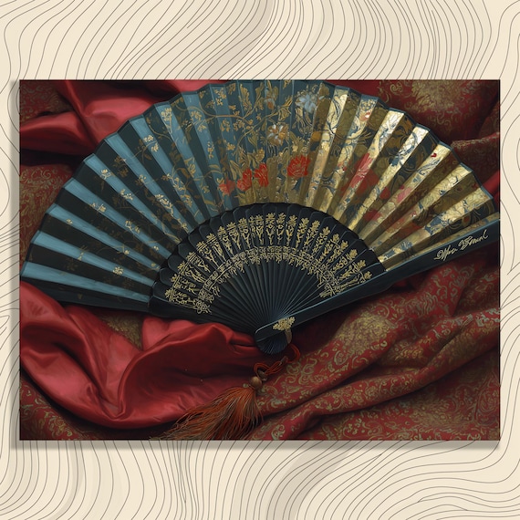Ornate Chinese Folding Fan Gold Floral Red Silk Still Life Decor Poster