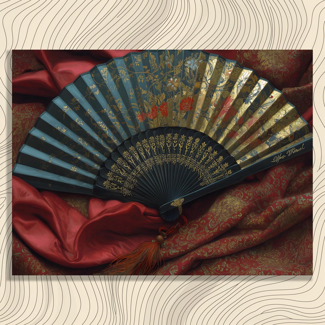 Ornate Chinese Folding Fan Gold Floral Red Silk Still Life Decor Poster