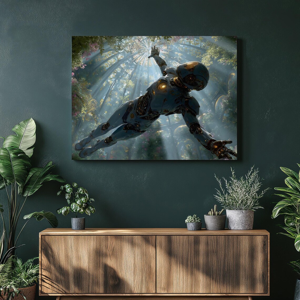 Solarpunk Robot Flying In Glass Dome Futuristic Sci Fi Wall Art