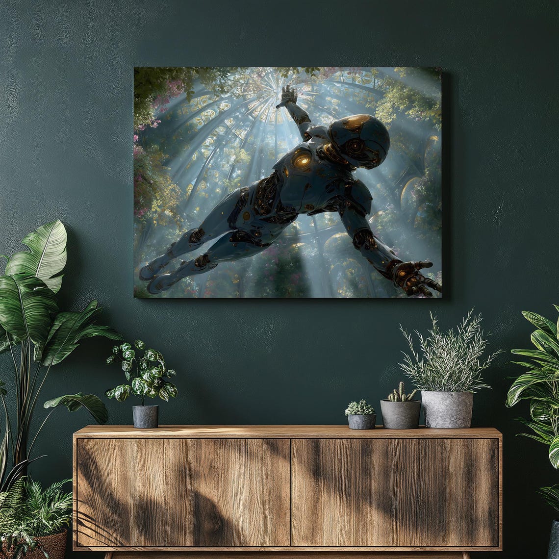Solarpunk Robot Garden Canvas Wall Art Futuristic Android Floating Greenhouse Sunbeam Sci Fi Botanical Fantasy Illustration Print