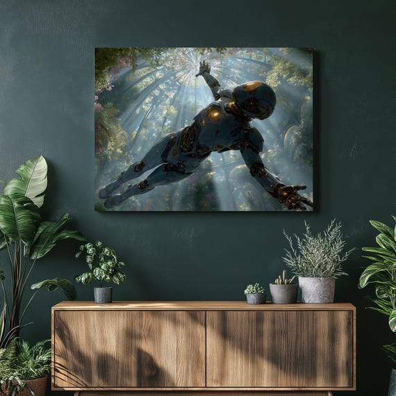 Solarpunk Robot Garden Canvas Wall Art Futuristic Android Floating Greenhouse Sunbeam Sci Fi Botanical Fantasy Illustration Print