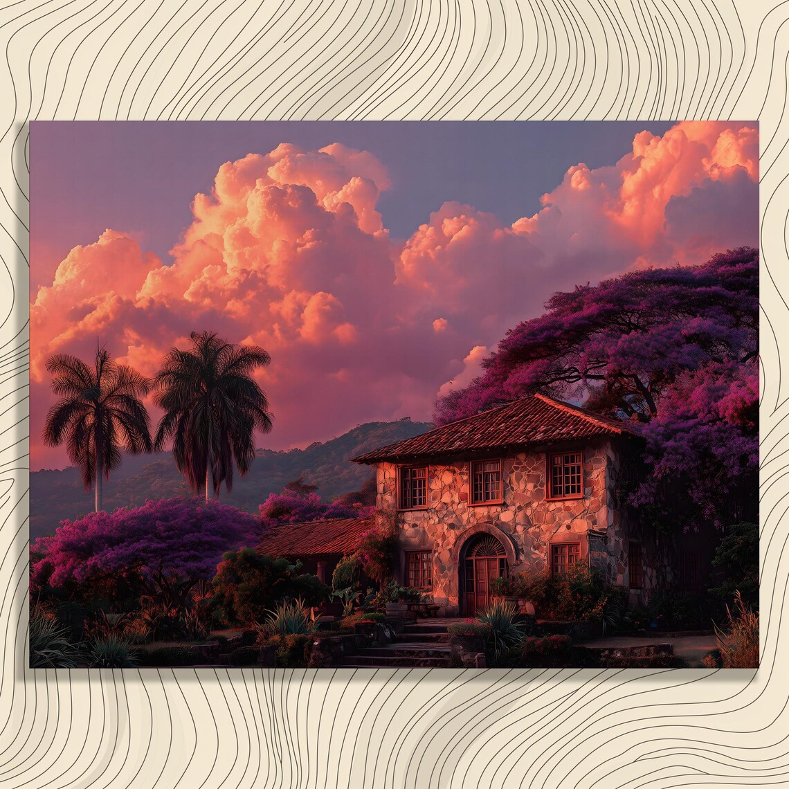 Tropical Stone Villa Sunset Magenta Sky Palm Trees View Poster