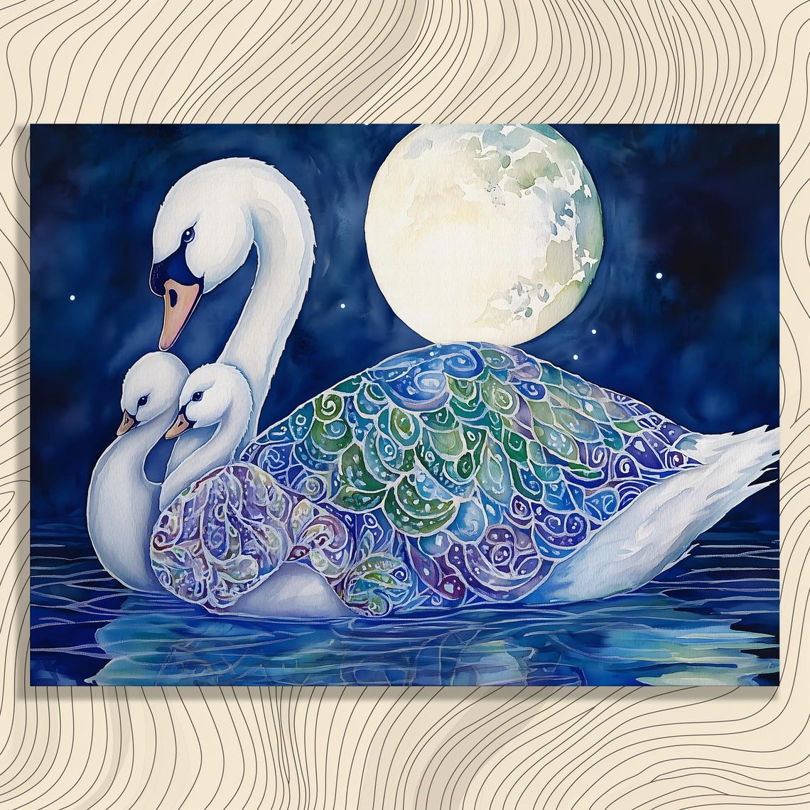 Swans Under Full Moon Mother And Cygnets Moonlit Lake Water Poster