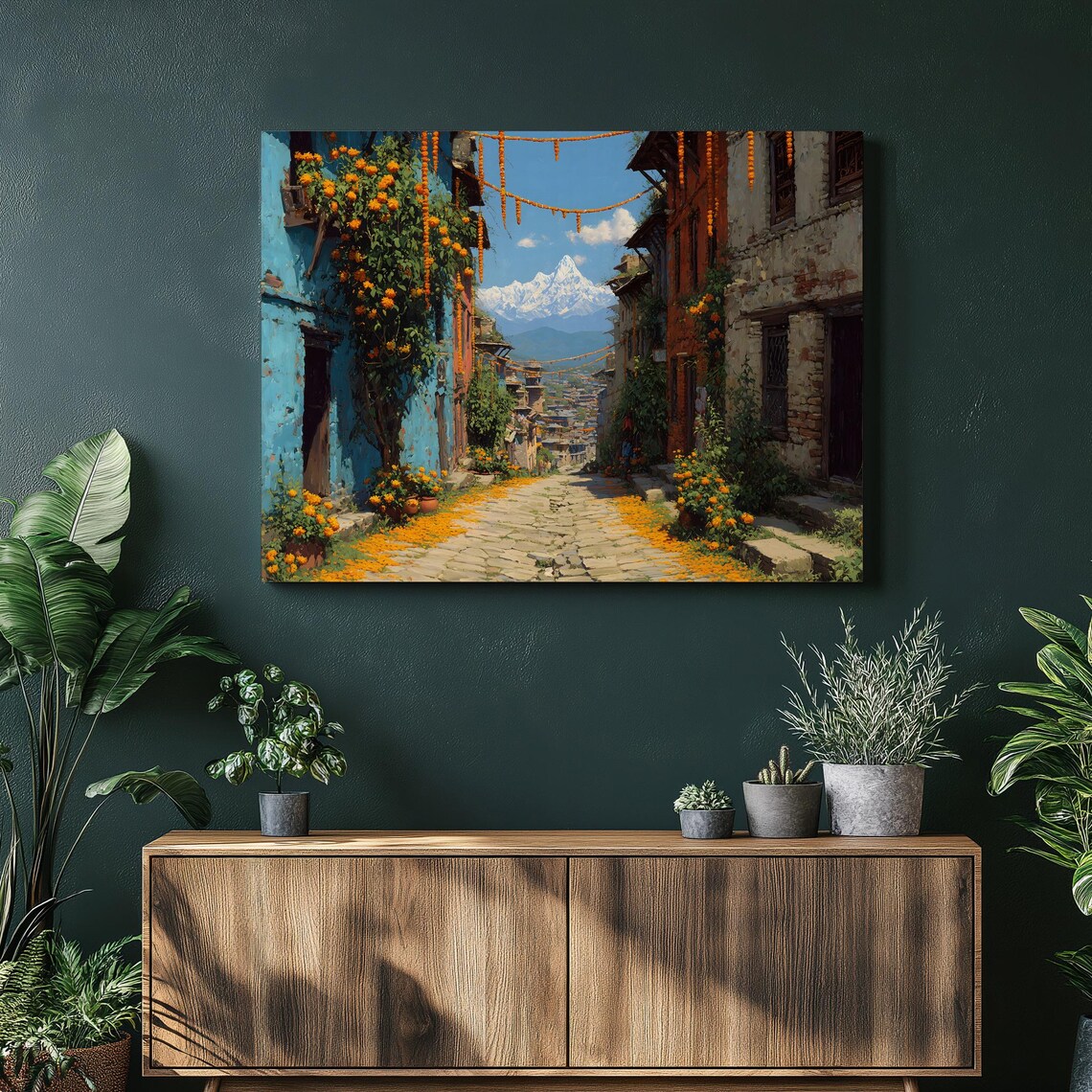 Himalayan Village Lane Marigold Snow Peak Rustic Painting Poster