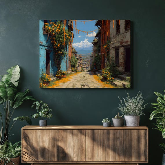 Himalayan Village Lane Canvas Wall Art Colorful Rustic Painting Of Houses Along Cobblestone Alley With Marigold Snow Mountain Valley