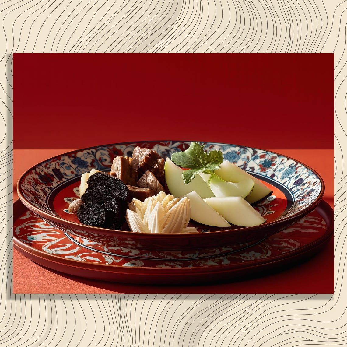 Gourmet Plated Dish Braised Meat Melon Bold Red Food Art Poster