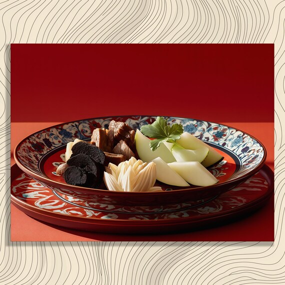 Gourmet Plated Dish Braised Meat Melon Bold Red Food Art Poster