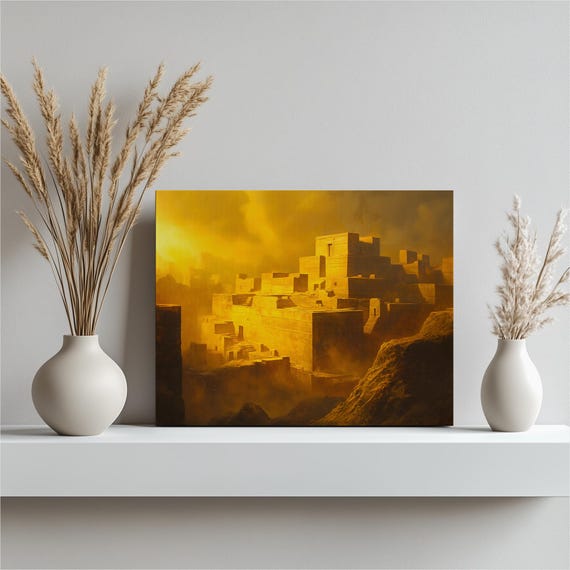Ancient Ruins City Canvas Wall Art Golden Indus Valley Lost Architecture Desert Landscape Print For History Lovers Archaeology Decor