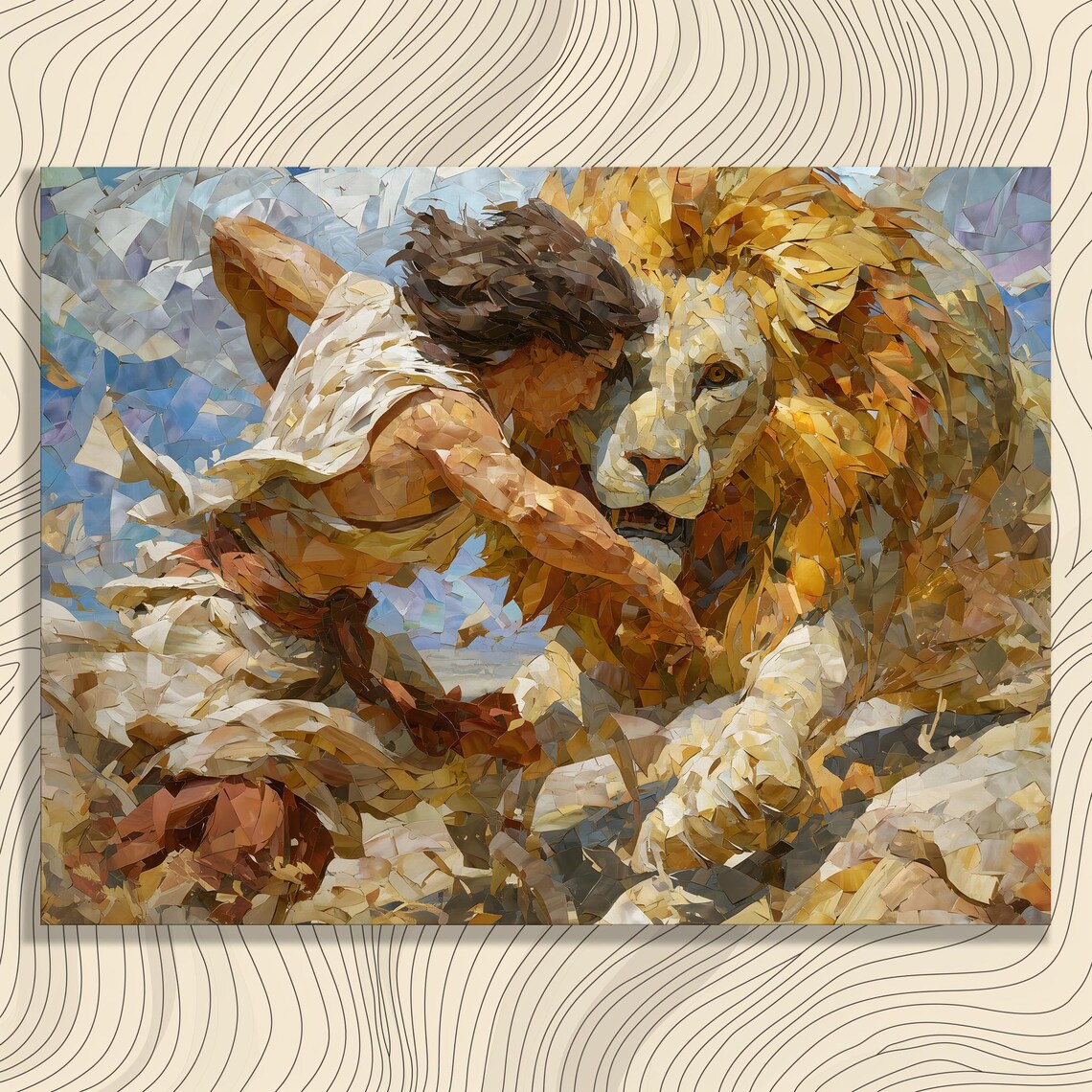 Man Wrestling Lion Mosaic Tile Artwork Dramatic Ancient Scene Poster