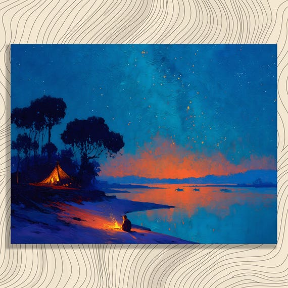 Starlit Beach Camping Canvas Wall Art Lake Landscape Print Outdoor Adventure Decor Night Sky Campfire Nature Scenery Coastal Travel Poster