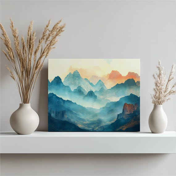Misty Mountain Landscape Canvas Wall Art Layered Peaks At Sunrise Panoramic Nature Scene Print For Calm Home Decor And Office Walls