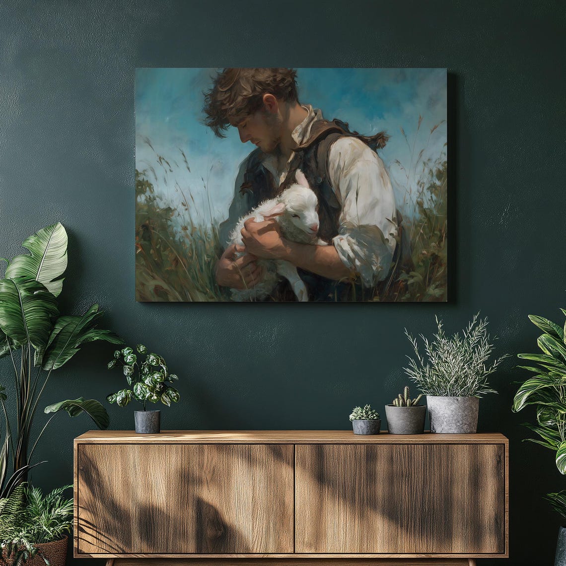 Young Shepherd Holding White Lamb Country Pastoral Scene Poster