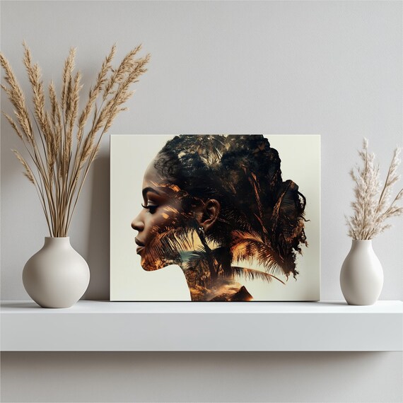 Tropical Woman Silhouette Double Exposure Palm Sunset Art Poster
