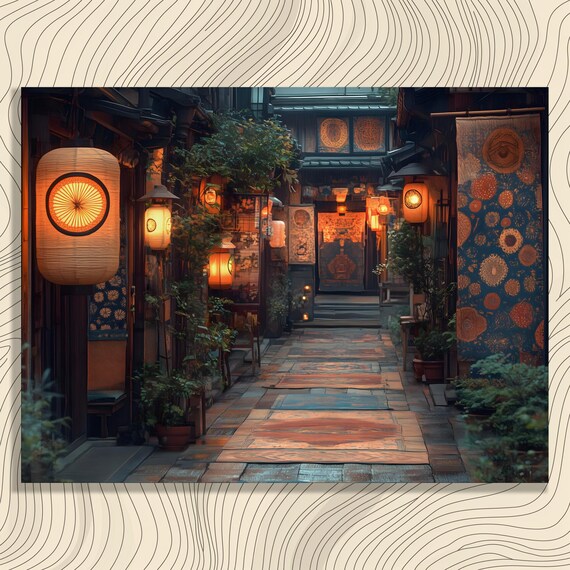 Japanese Lantern Lane Glowing Paper Lights Warm Night Wall Art