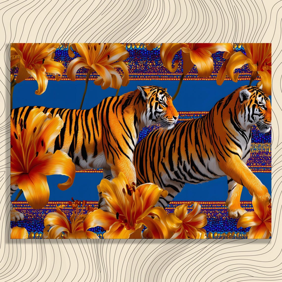 Vibrant Tiger Lily Canvas Wall Art Bold Tropical Floral Print Blue Pattern Orange Lilies Botanical Painting Big Cat Decor Gift Maximalist
