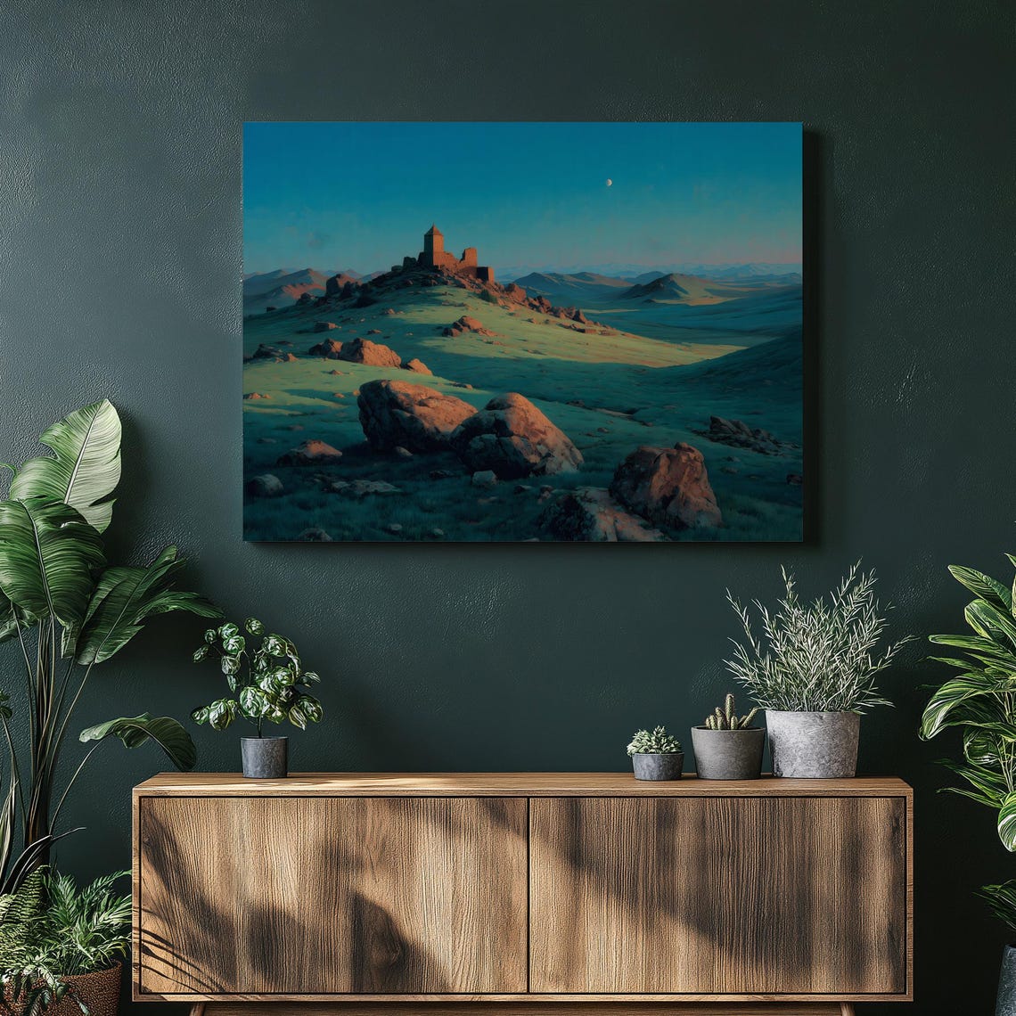 Ancient Mountain Ruins Under Moonrise Blue Sky Landscape Poster