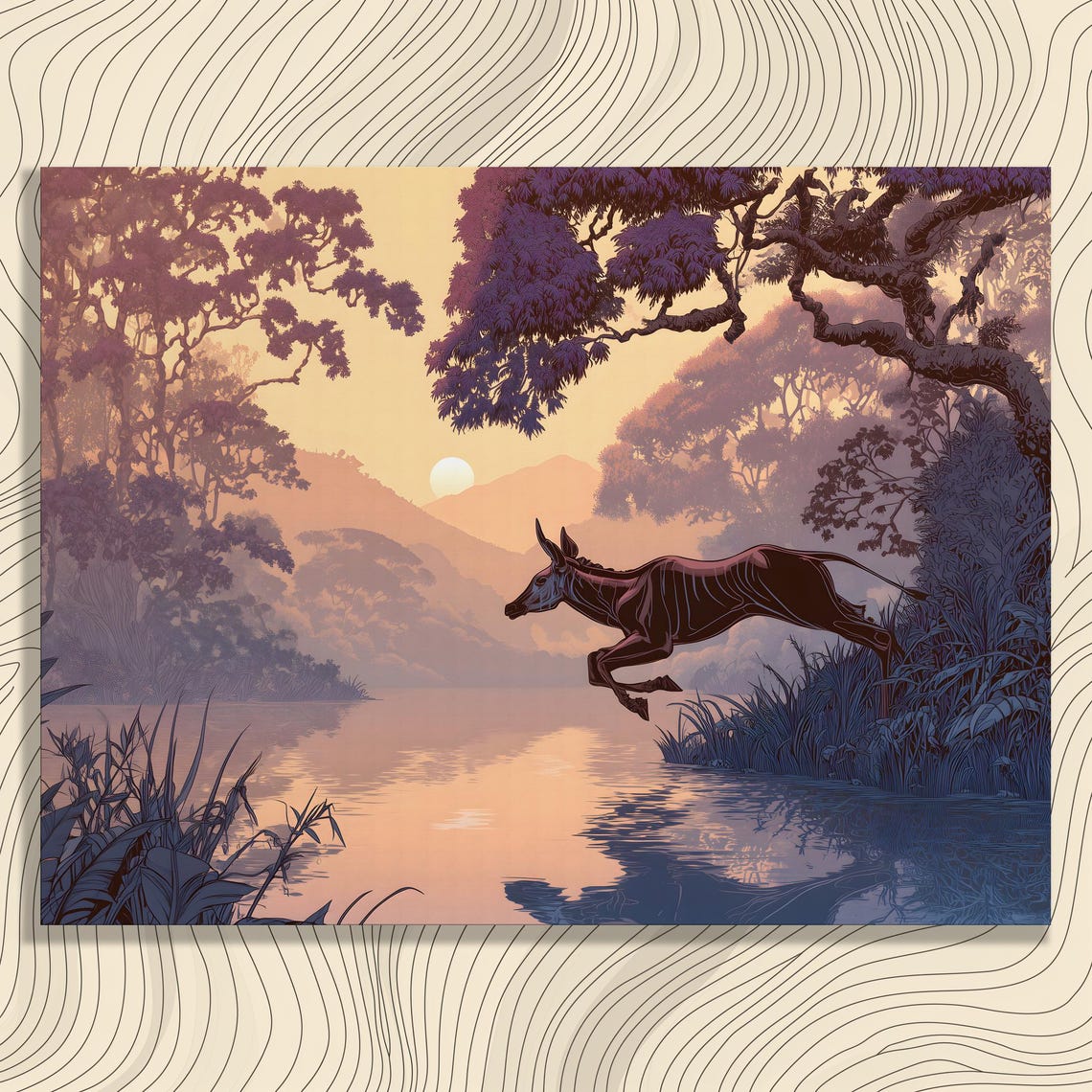 Leaping Antelope Over River Golden Sunset Stylized Wildlife Poster