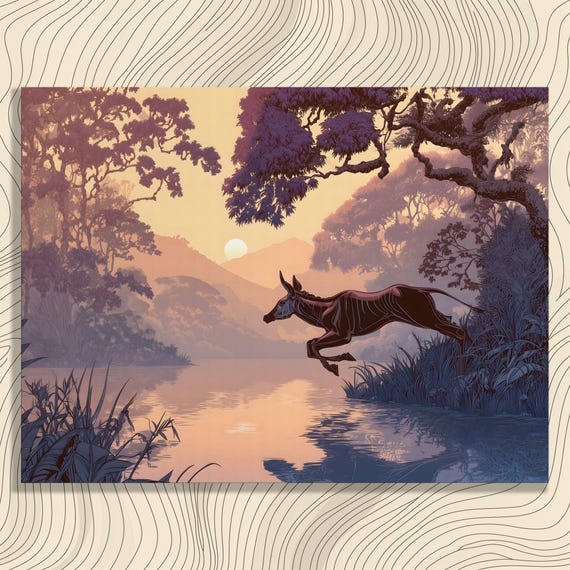 Antelope Sunset Landscape Canvas Wall Art Contemporary Wildlife Nature Scene River Reflection Forest Mountains Colorful Illustration Print