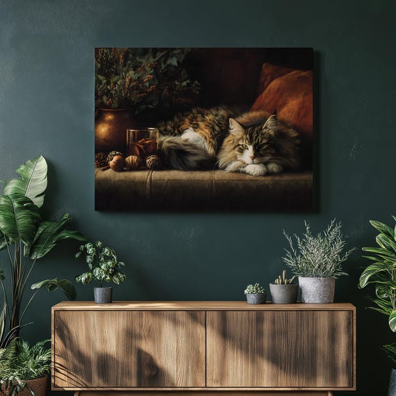 Tabby Cat Canvas Wall Art Rustic Farmhouse Still Life Scene With Autumn Decor Fluffy Feline Pine Cones Dried Leaves And A Whiskey Tumbler