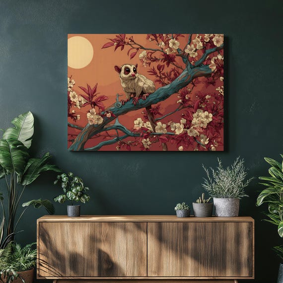 Sugar Glider Sunset Canvas Wall Art Cherry Blossom Tree Illustration Nature Scene Floral Animal Modern Wildlife Decor Colorful Gift