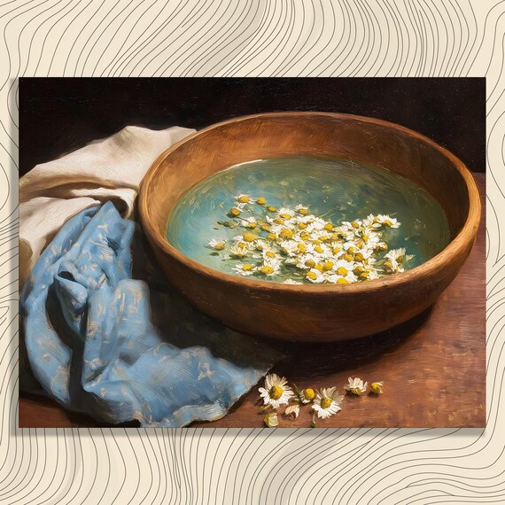 Chamomile Flowers Floating In Wooden Bowl Rustic Still Life Oil Poster