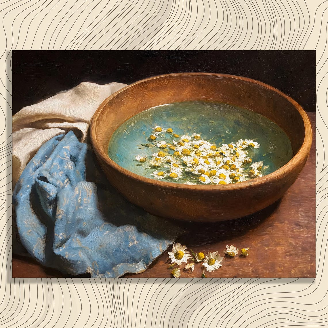 Chamomile Flowers Floating In Wooden Bowl Rustic Still Life Oil Poster