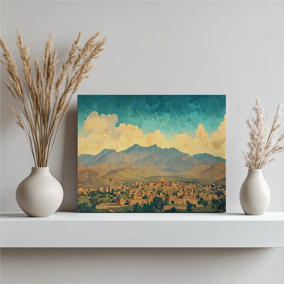 Quetta Pakistan Skyline Canvas Wall Art Panoramic Mountain Cityscape Illustration Travel Decor Teal Blue Sky And Golden Clouds Landscape