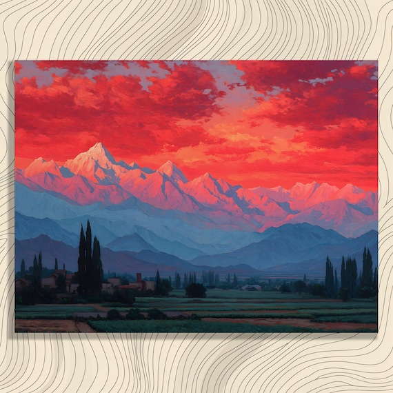 Crimson Sunset Over Snow Capped Mountains and Valley Fields Landscape Poster