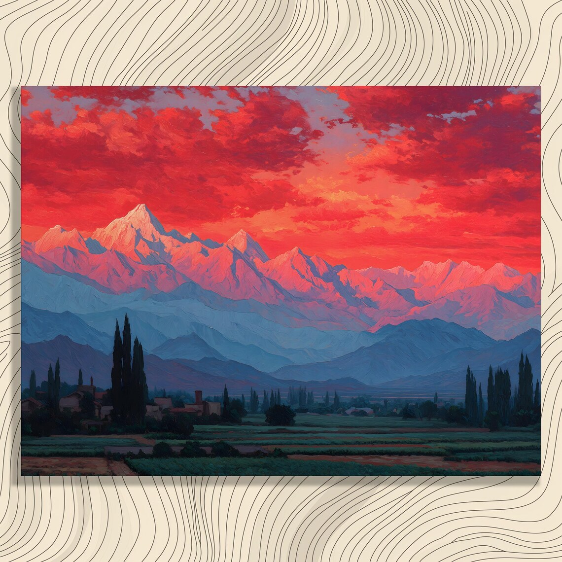 Crimson Sunset Over Snow Capped Mountains and Valley Fields Landscape Poster