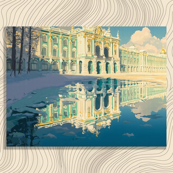 Winter Palace Canvas Wall Art Classic Architectural Landscape Print With Snowy Scenery And Reflection Heritage Decor